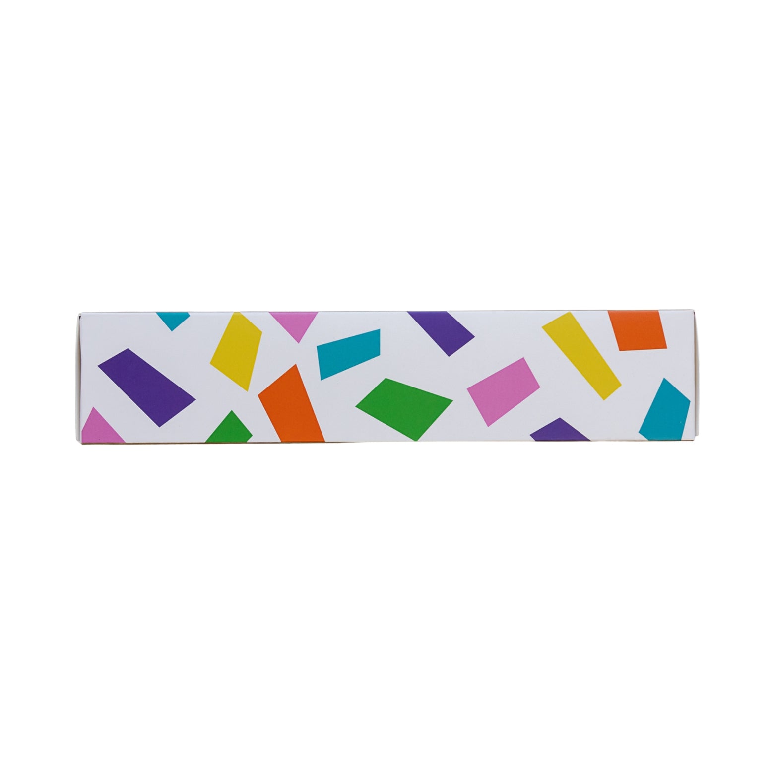 Rectangular box with colorful geometric pattern on a white background.