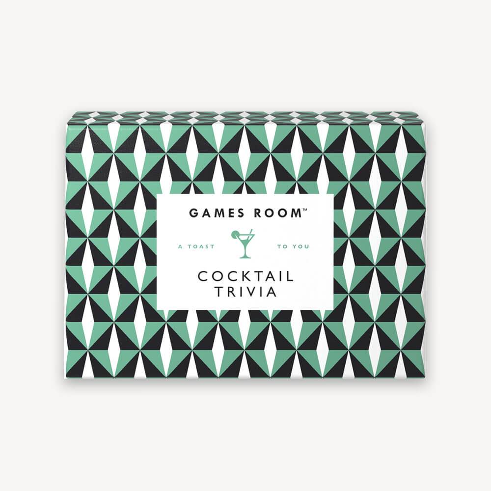 A Cocktail Trivia game box with a geometric design, designed for cocktail enthusiasts by Chronicle Books.