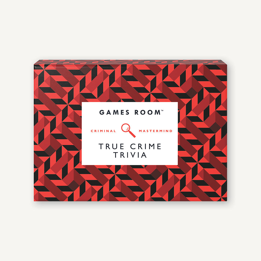 A red and black rectangular True Crime Trivia game box with a white label from Chronicle Books.