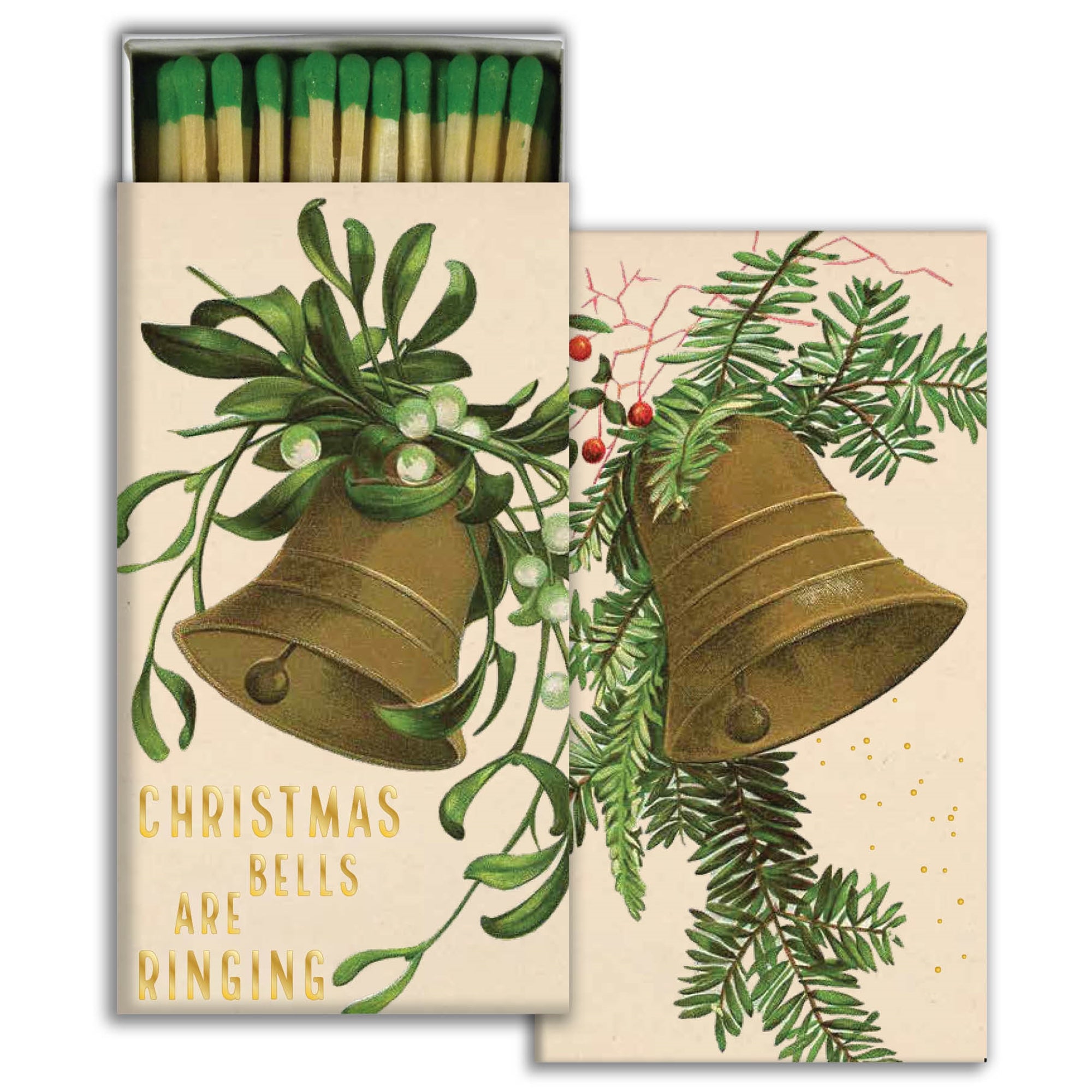 A box of Christmas-themed matches featuring illustrations of bells and greenery on a match stick, with a festive text &