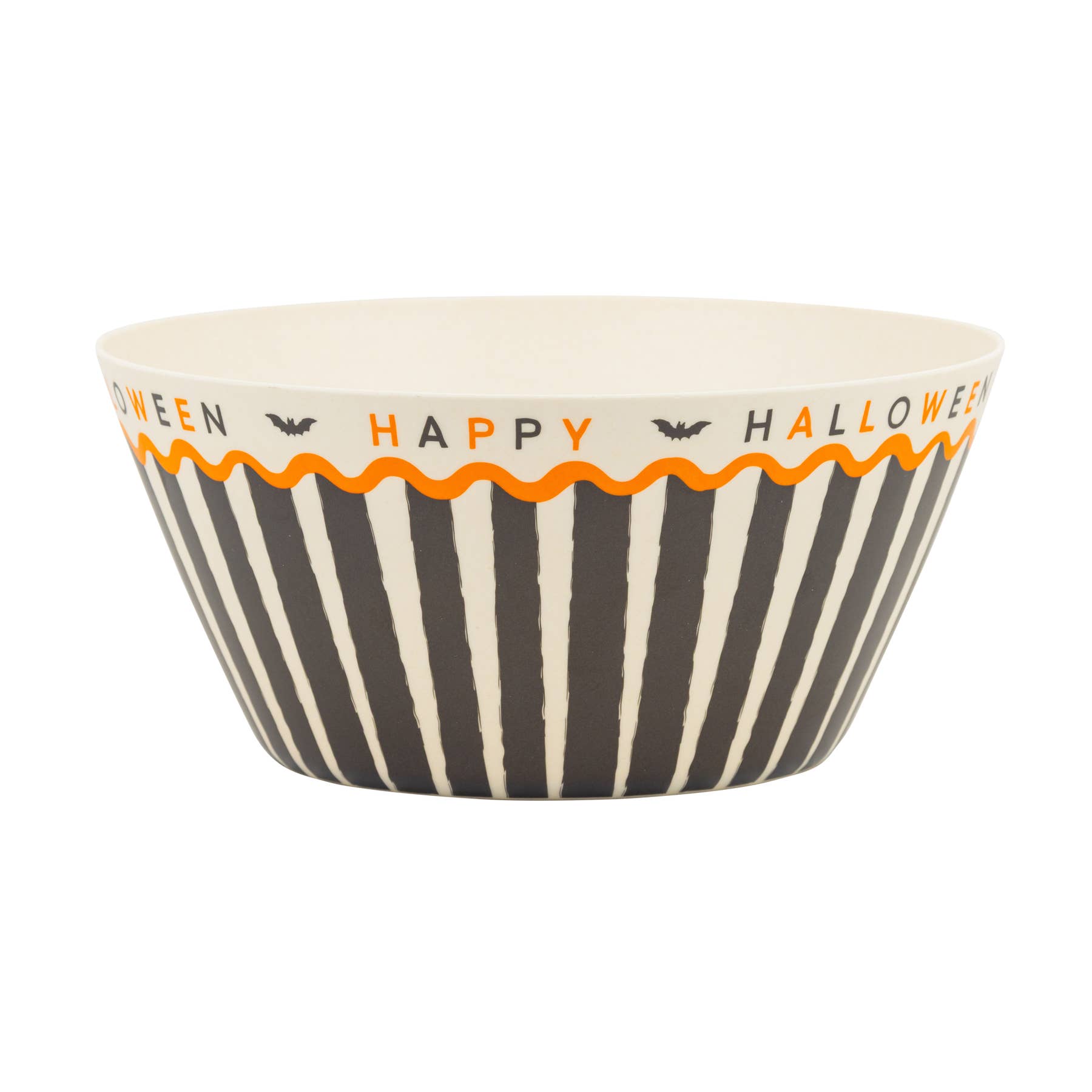A Halloween-themed bowl with a black and white striped pattern, an orange scalloped border, and &