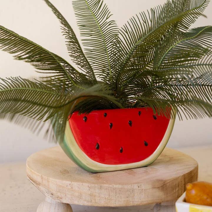 Ceramic pot shaped like a watermelon with a plant on a wooden surface