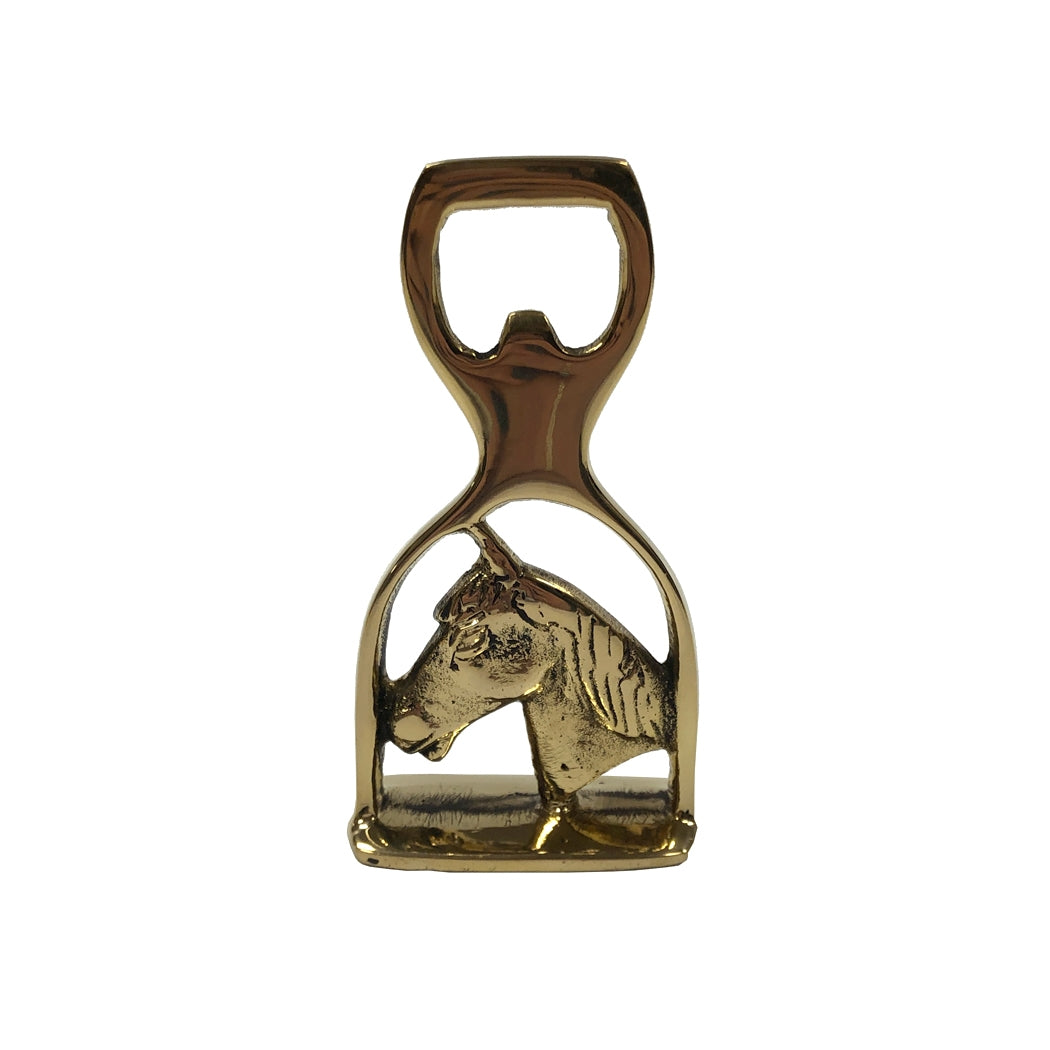 Gold bottle opener with horse design on a white background.