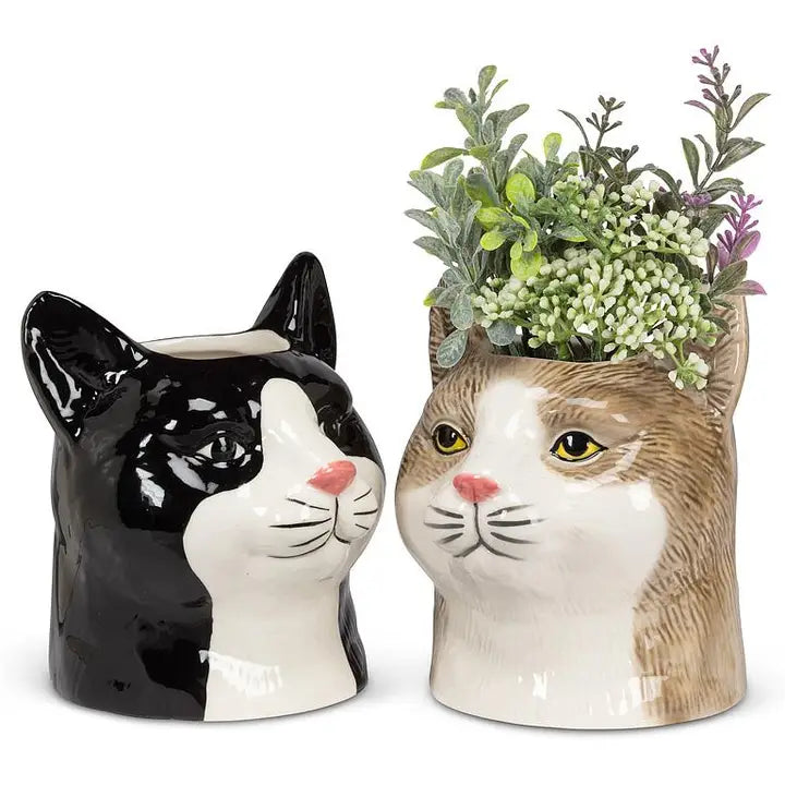 Two ceramic planter pots on a white background, both shaped like cats&