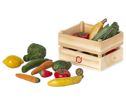 A wooden crate full of Maileg Mini Fruits &amp; Vegetables.