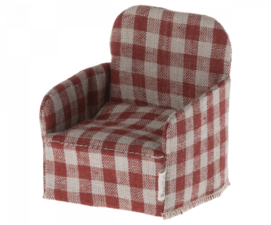 A Maileg Mouse Chair in red and white checkered design on a black background.