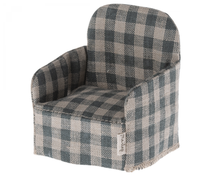 A Maileg Mouse Chair in red and white checkered design on a black background.