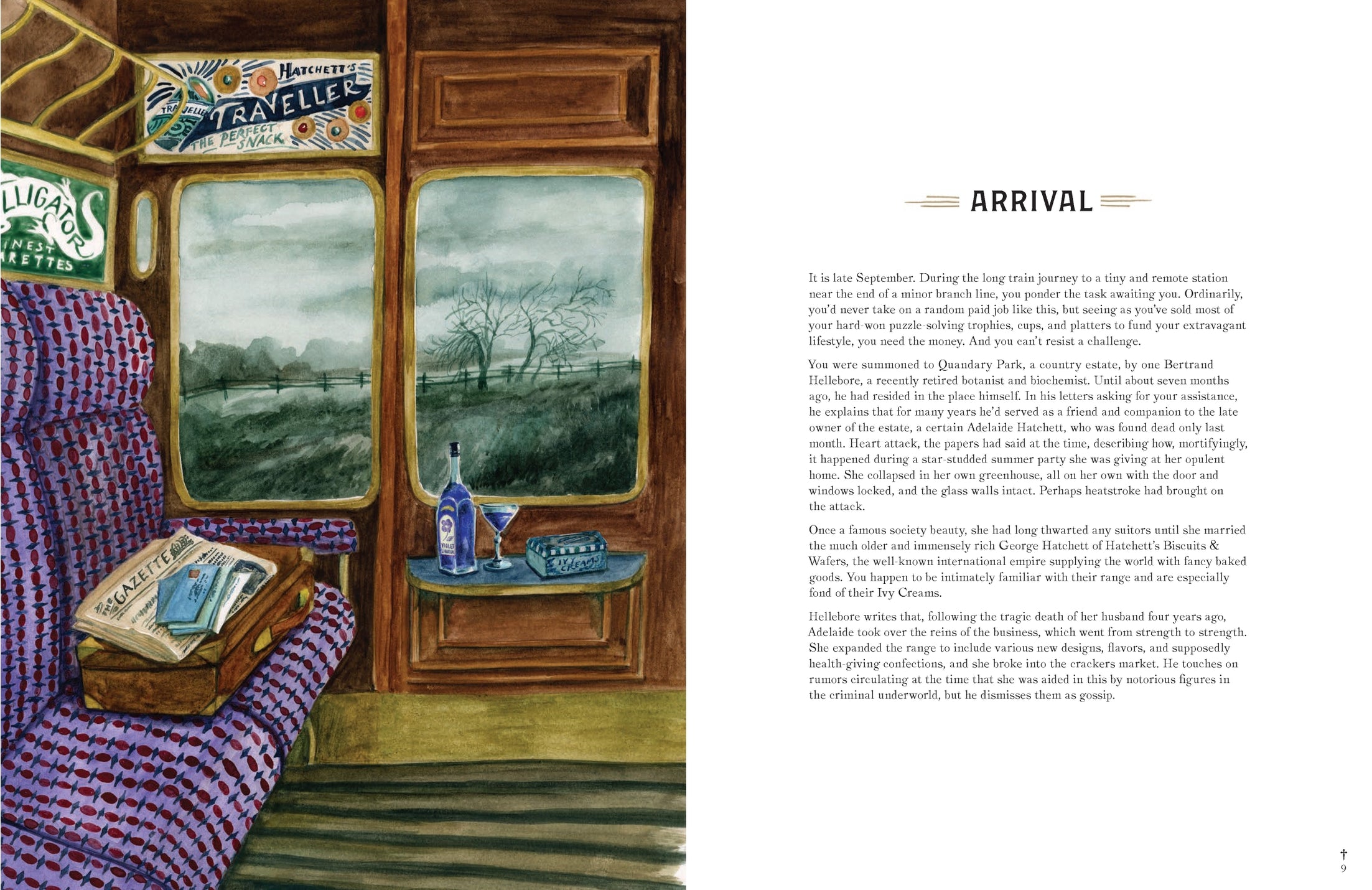 Illustration of a train interior with a window view and text on a white background