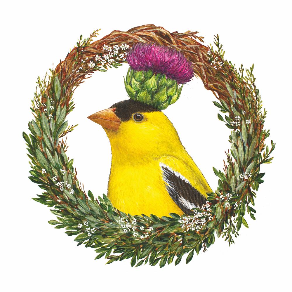 A square white napkin featuring artwork of a goldfinch wearing a thistle bloom on its head.