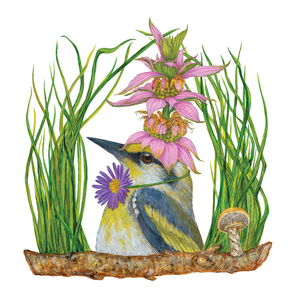 Illustration of a bird with a yellow chest and blue wings perched on a branch, adorned by pink flowers and green foliage with a small mushroom beside it