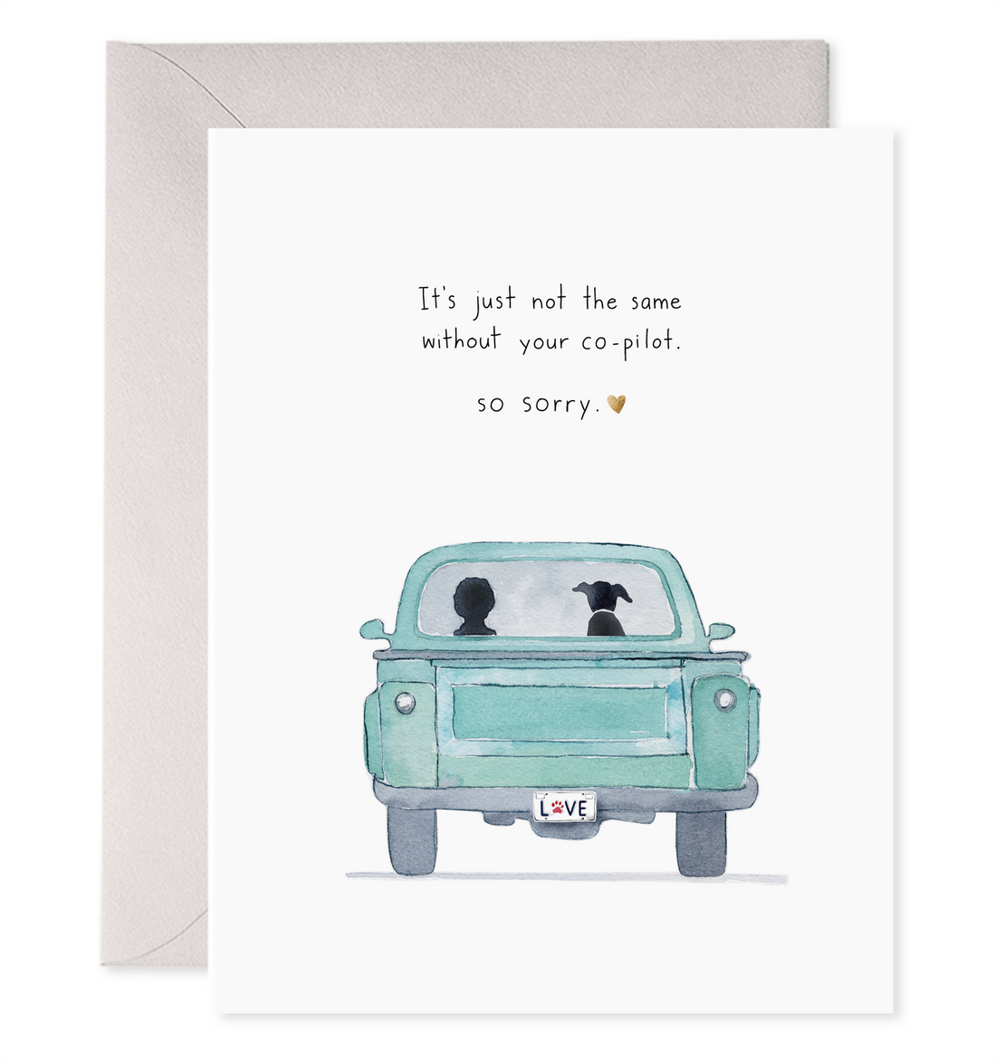 A Co-Pilot Dog Greeting Card featuring a watercolor painting of a blue truck with a dog looking out of the rear window and a message about missing a co-pilot from E. Frances.