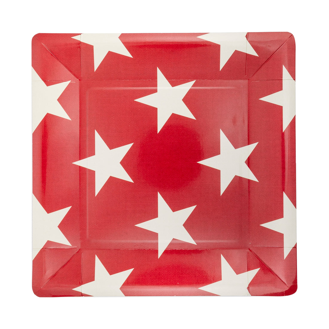 10&quot; square, red paper plate with white stars on white background.