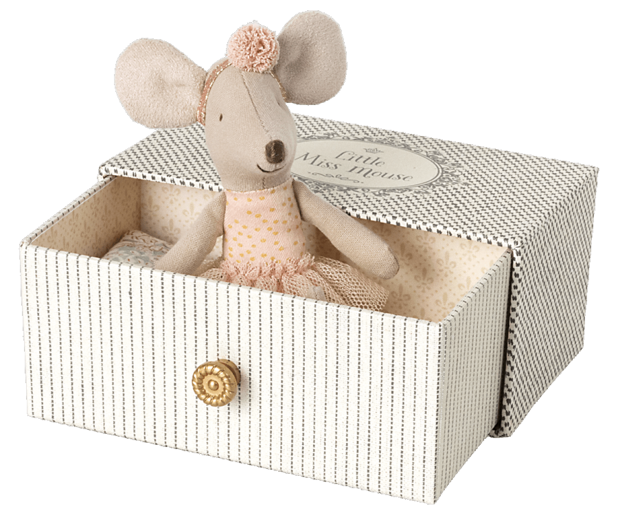A Little Sister Dance Mouse in Day Bed dressed in a pink tutu inside an illustrated box labeled &quot;dancing little sister mouse&quot; by Maileg.