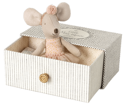 A Little Sister Dance Mouse in Day Bed dressed in a pink tutu inside an illustrated box labeled &quot;dancing little sister mouse&quot; by Maileg.