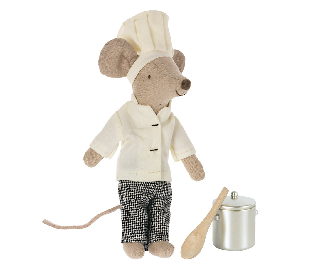 Chef Mouse with Soup Pot and Spoon from the Maileg kitchen collection dressed as a chef standing in a miniature playset environment.