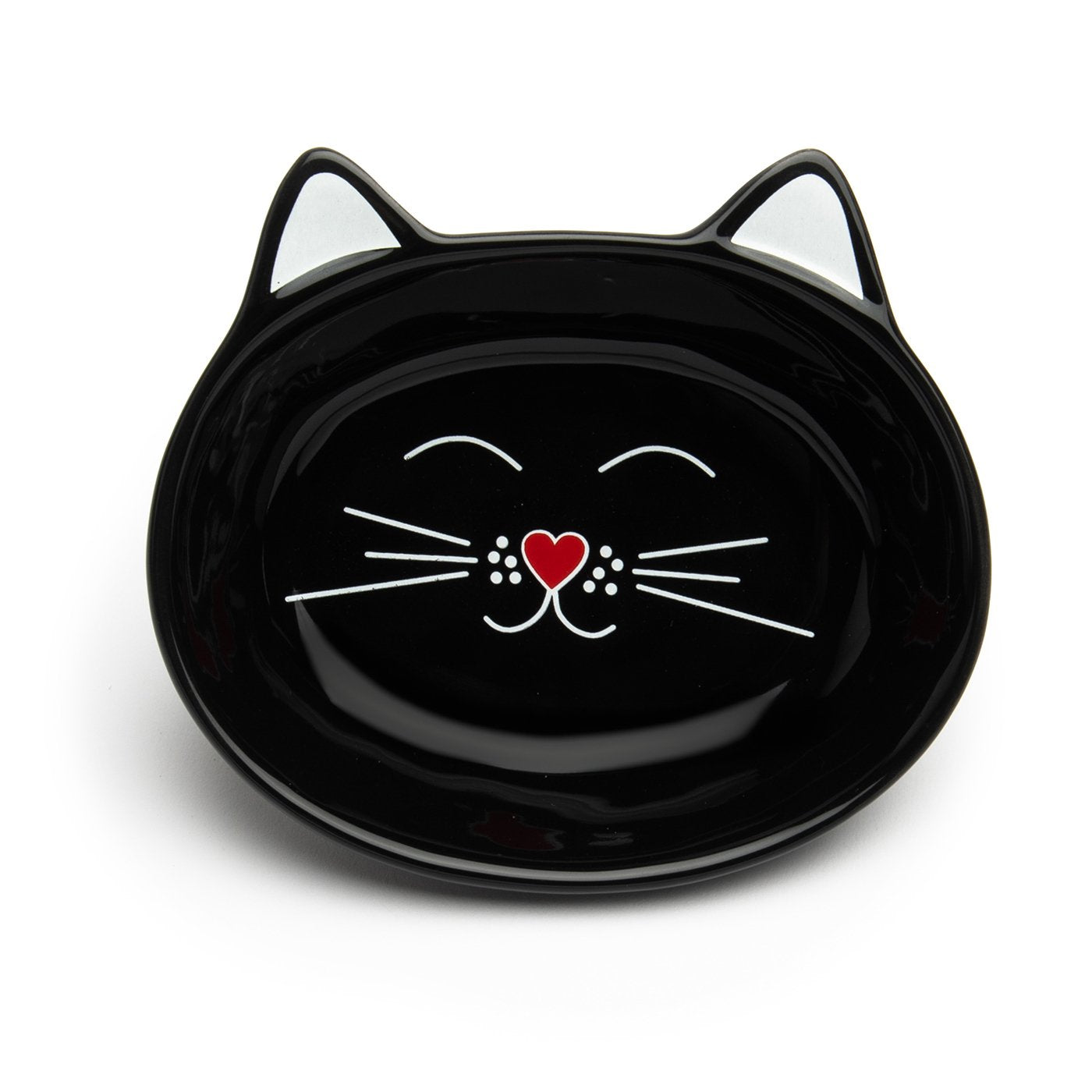 Black cat-shaped bowl with a red heart shaped nose and white whiskers on a white background.