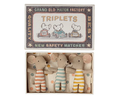 Three Maileg Baby Mice Triplets in a Matchbox.