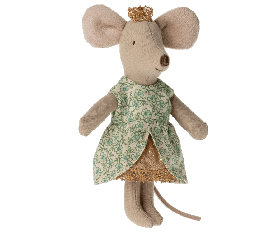Stuffed Princess Mouse toy wearing a green floral-patterned dress with a golden tiara from Maileg&