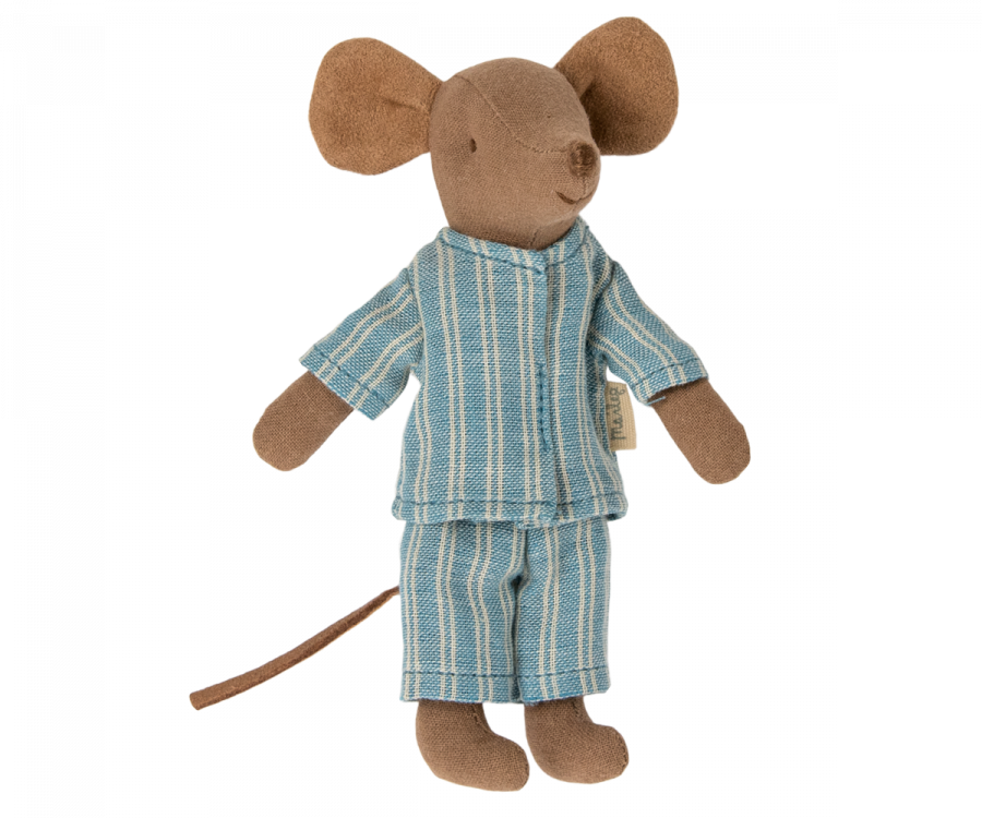 Big Brother Plush Mouse wearing blue pjs on a white background.