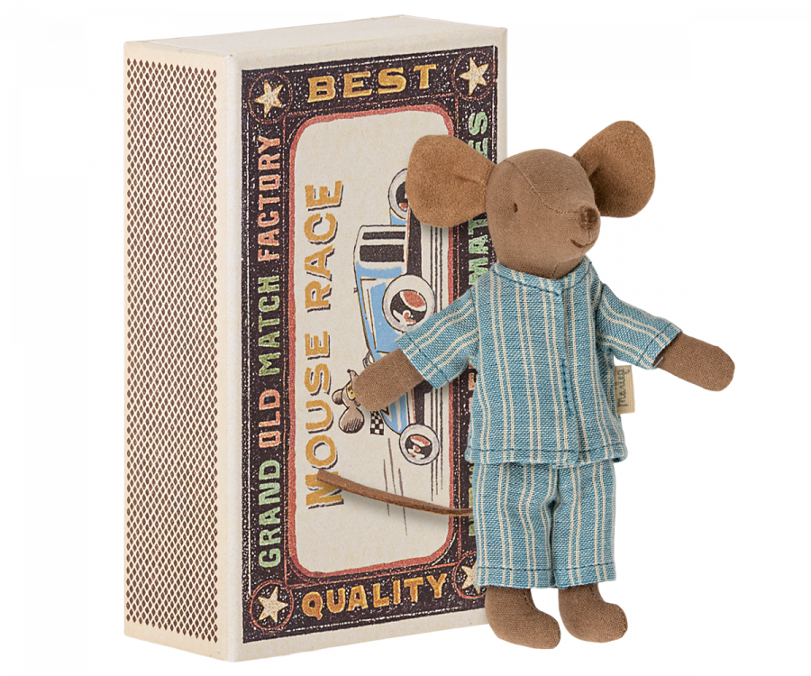 Plush Maileg Big Brother Mouse in Matchbox standing beside its vintage-style packaging.