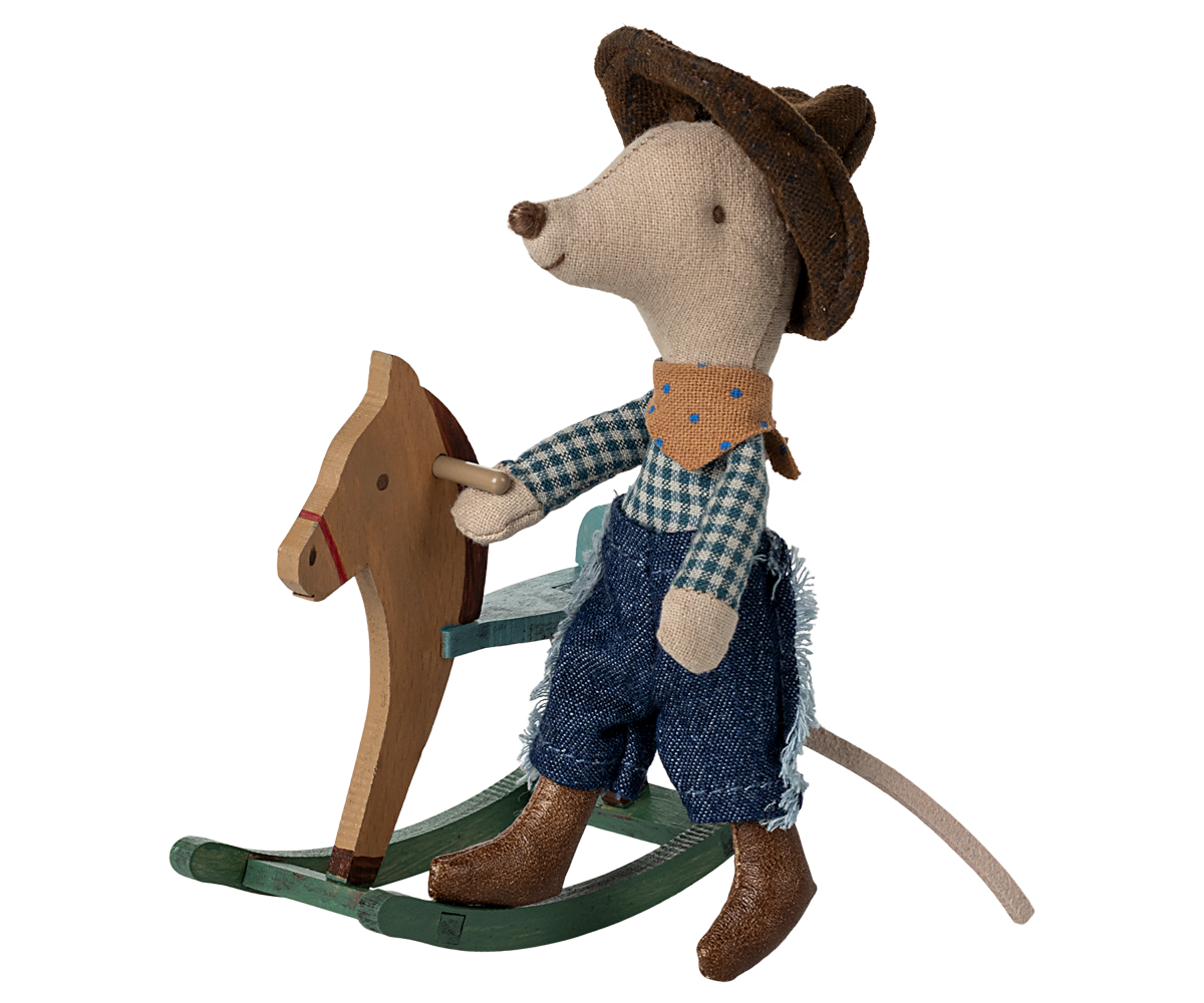 Little Brother Cowboy Mouse and his rocking horse by Maileg.