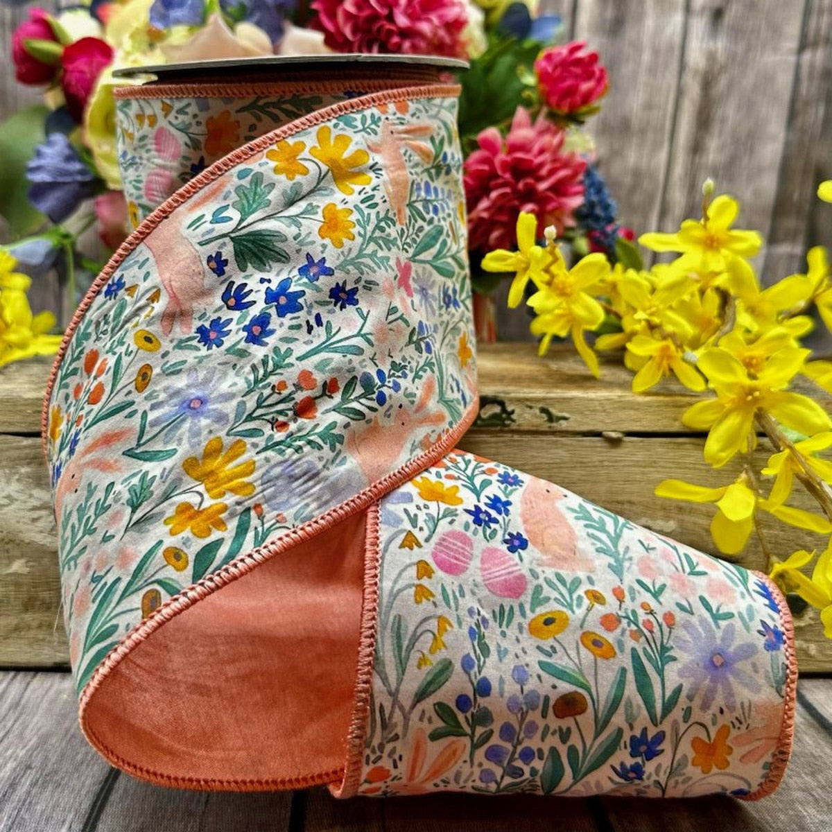 Poplin Watercolor Floral Bunny Ribbon on a roll.