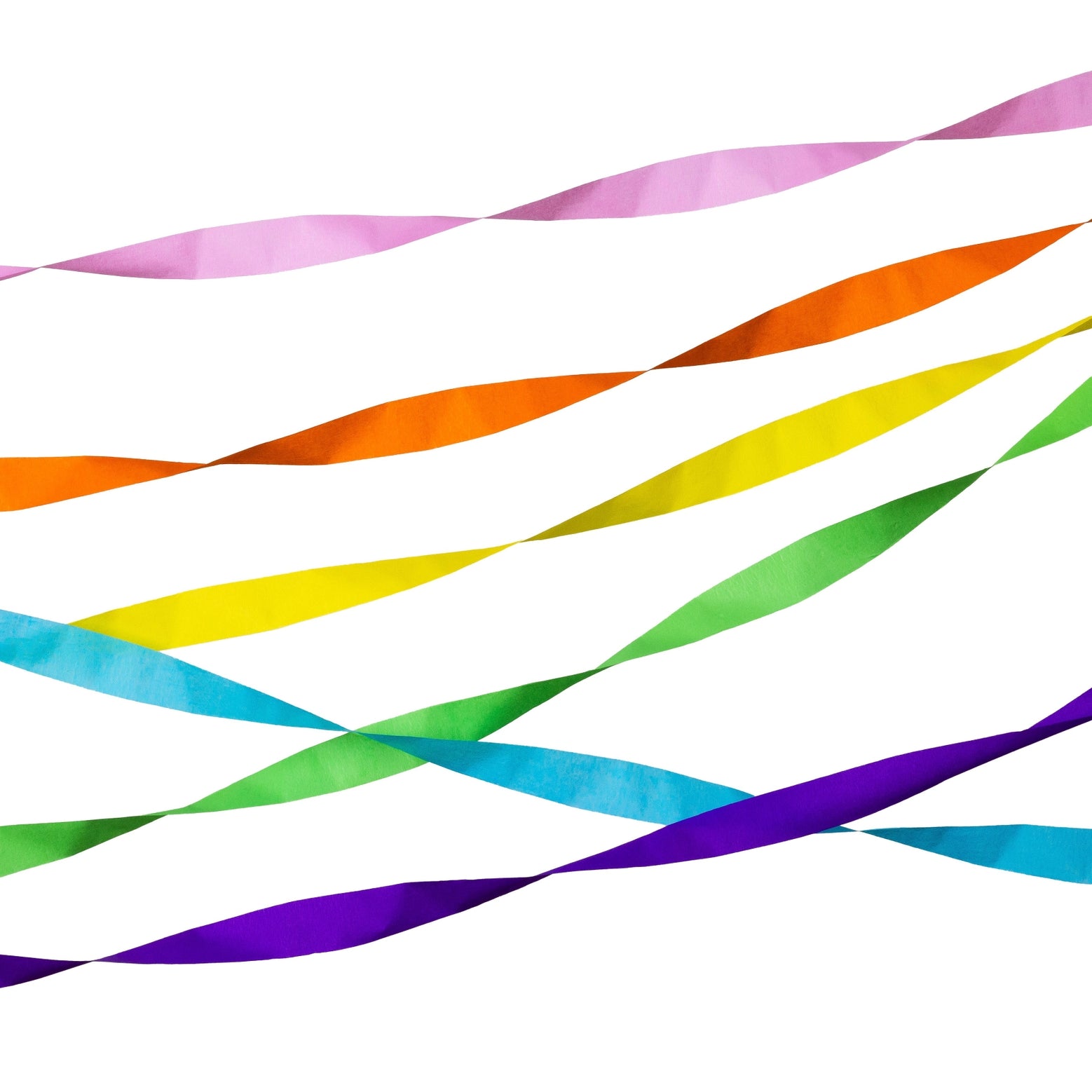 Colorful streamers in a rainbow pattern on a white background.