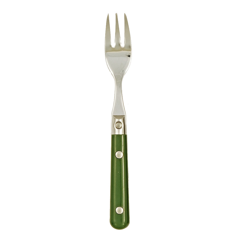 Fork with green handle on a white background.
