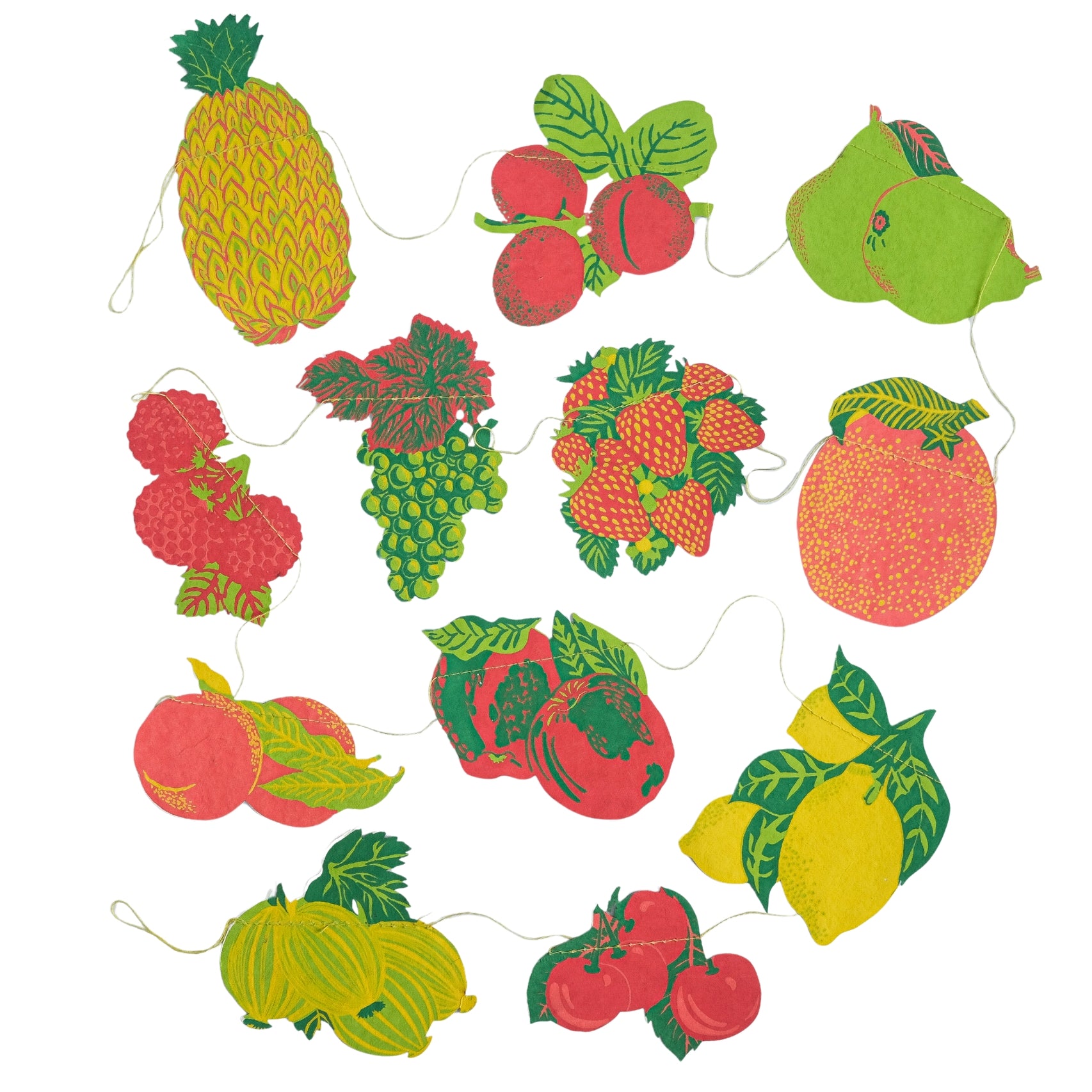 Decorative string with colorful fruit-shaped cutouts on a white background.
