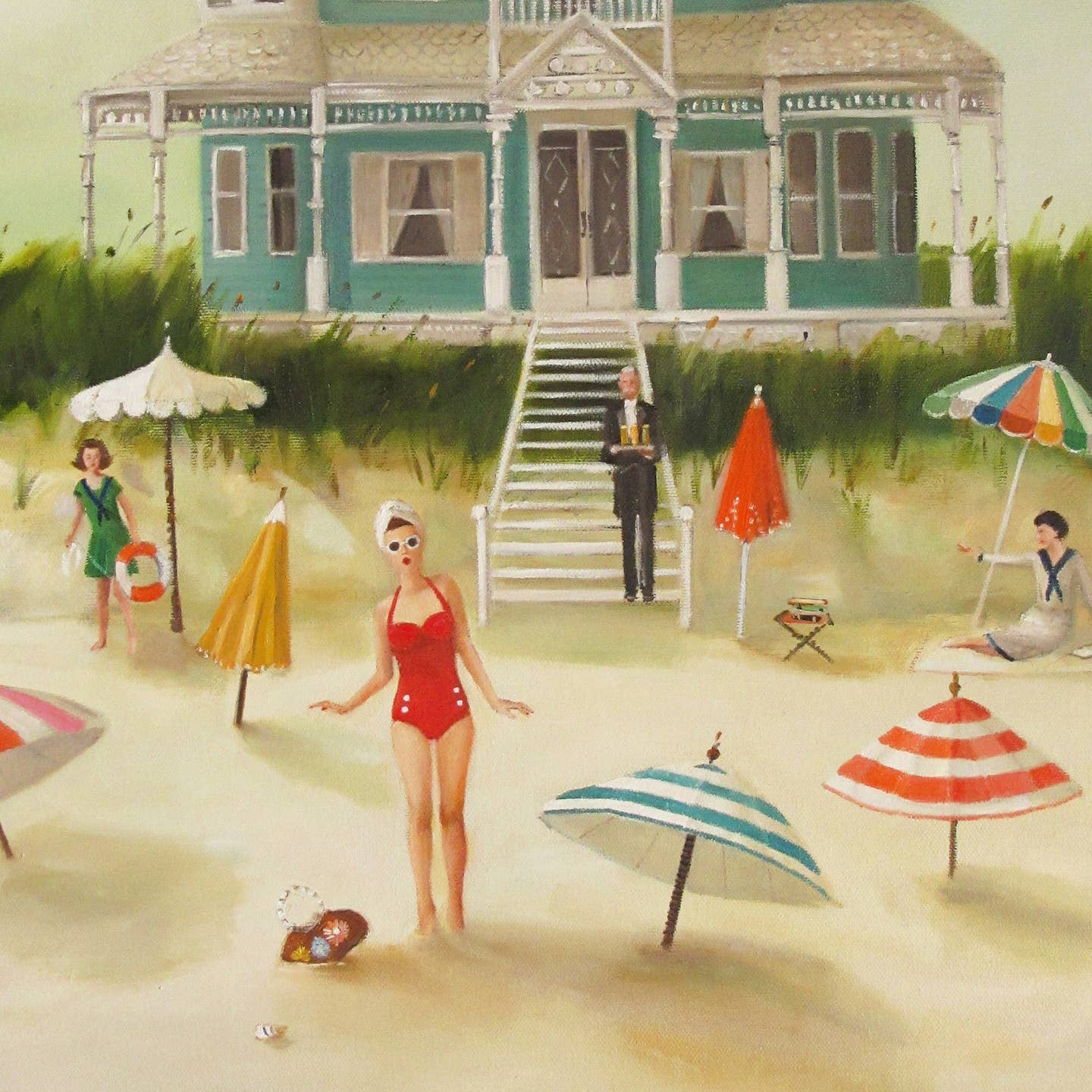 Artwork by Janet Hill depicting a beach scene with a large house in the background and a woman in a red swimsuit in the foreground.