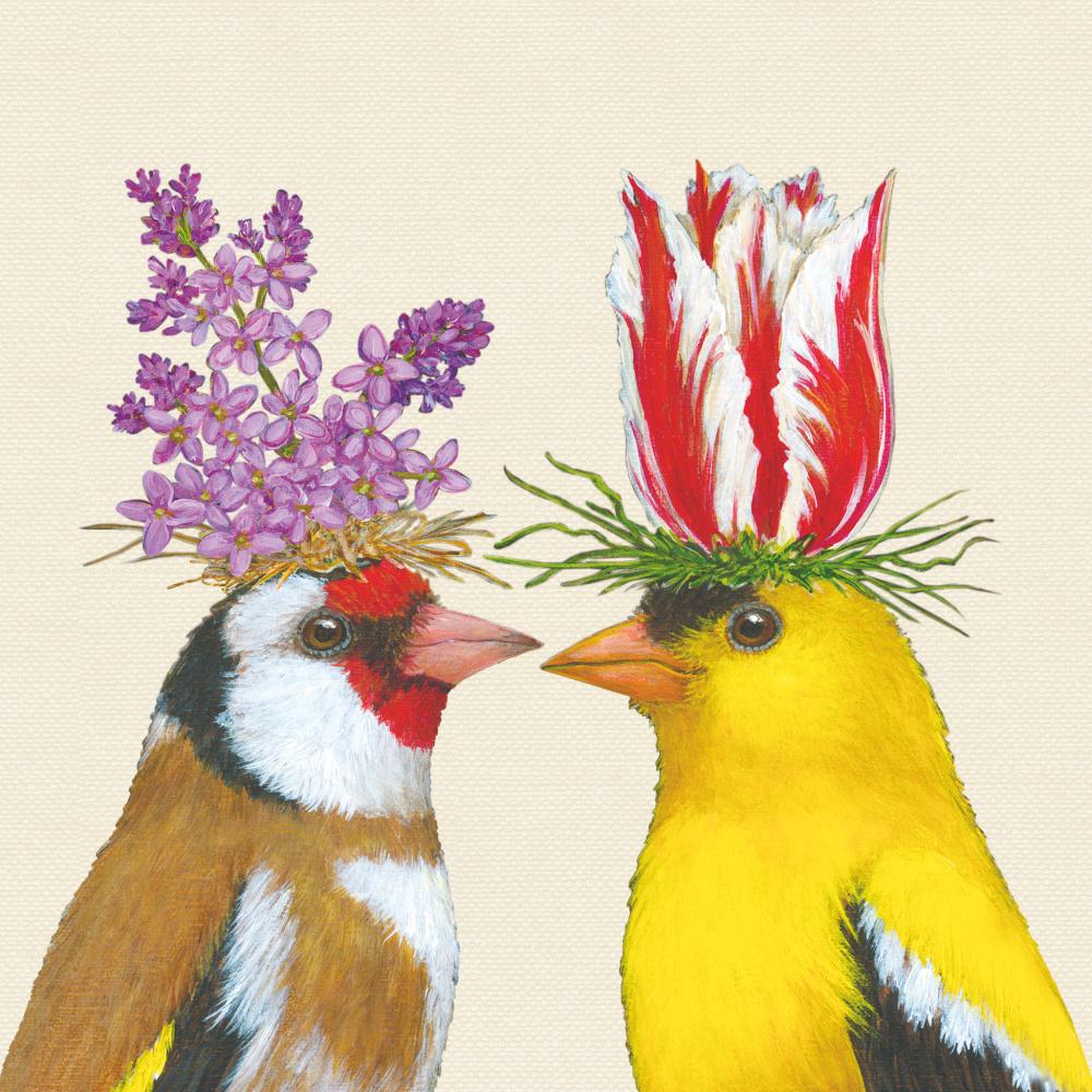Two birds facing each other with flower hats on their heads.