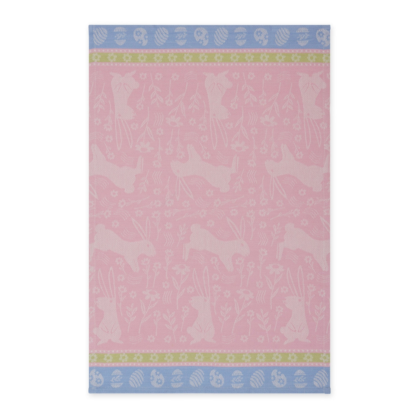 Pink towel with white bunny pattern and colorful border on a white background.