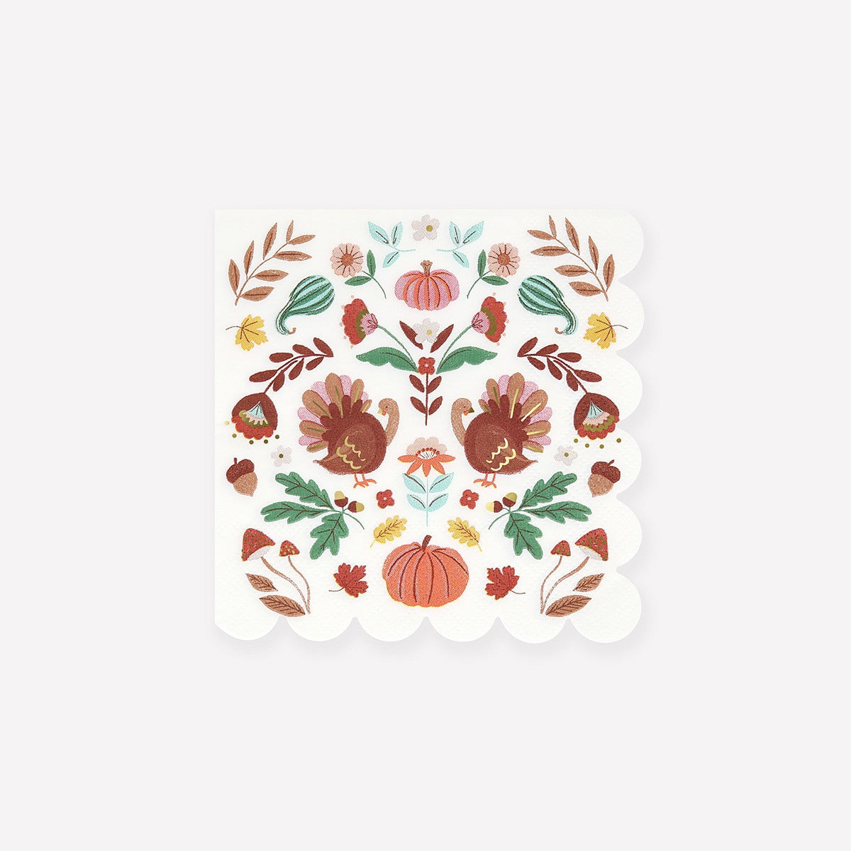 Decorative paper napkin with autumn-themed design featuring turkeys, pumpkins, and leaves on a white background.