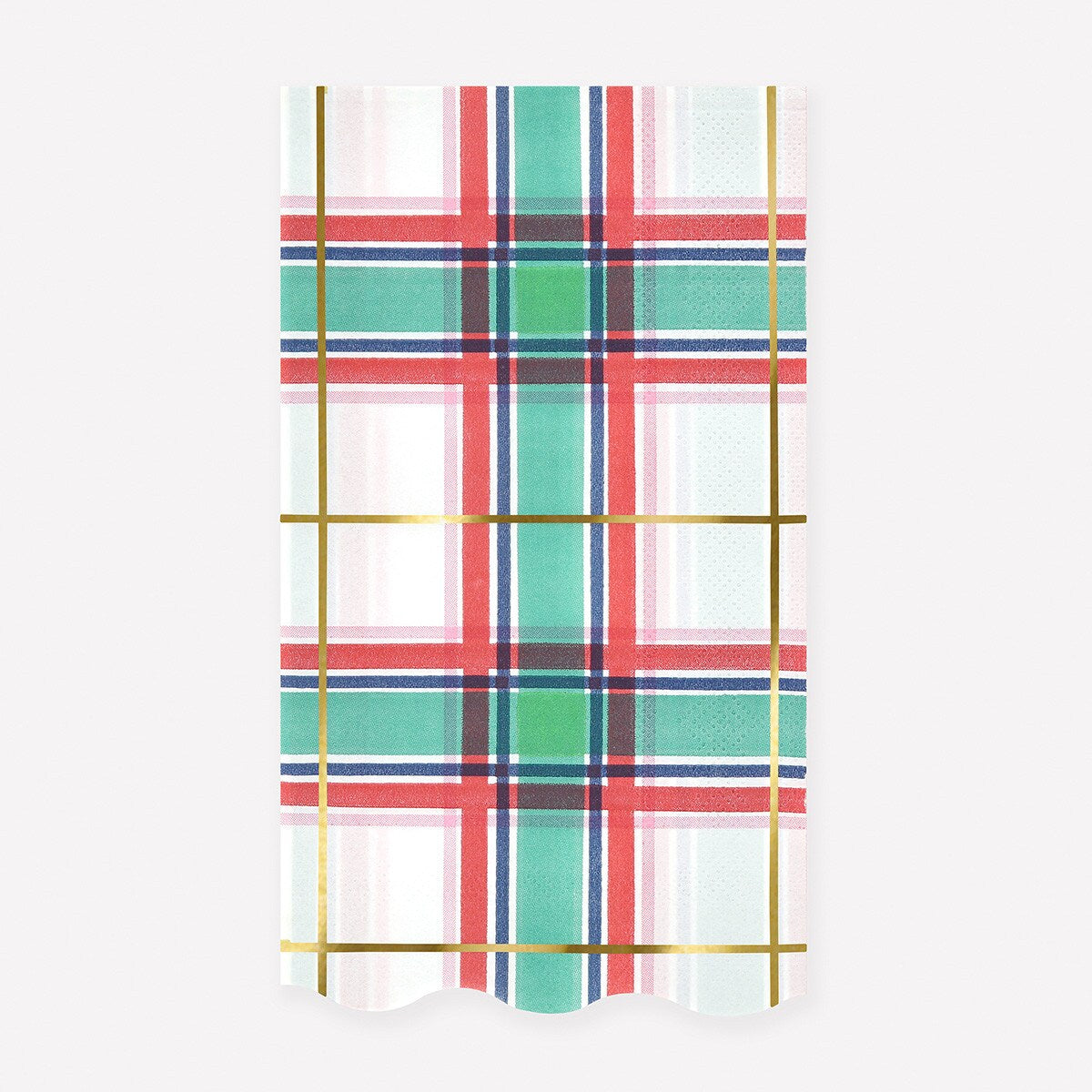 Plaid pattern with red, green, and blue on a white background.