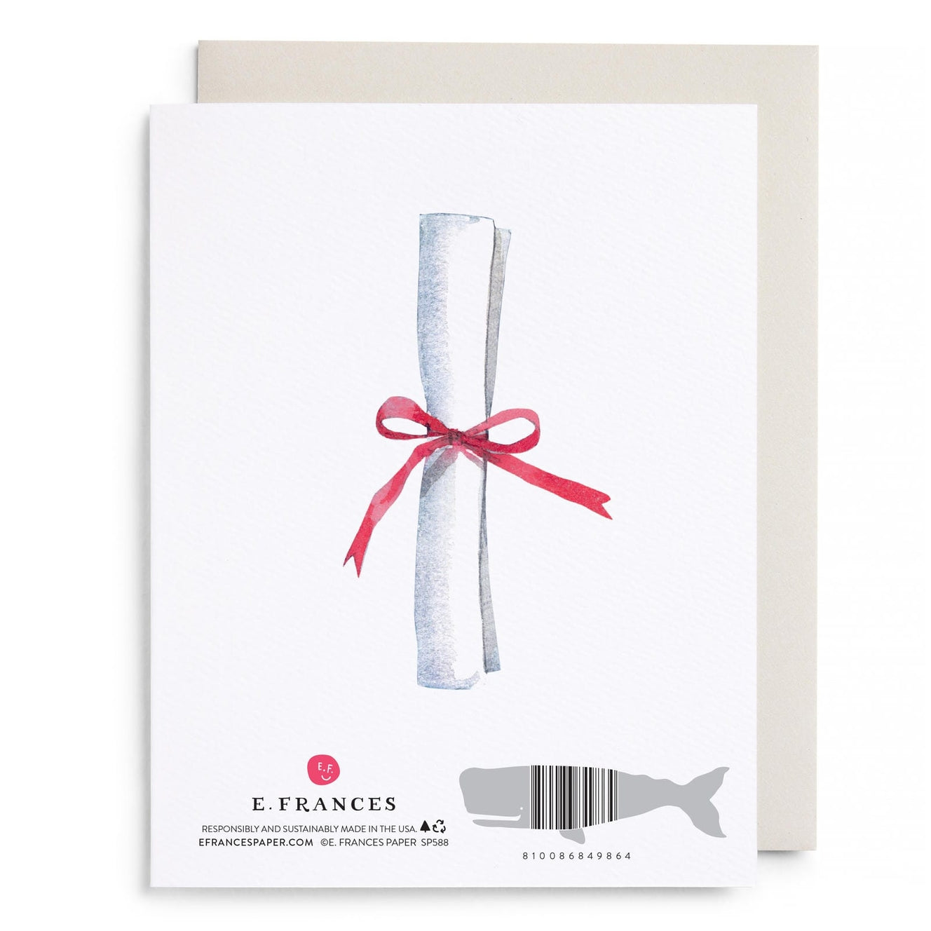 Greeting card with a whale illustration and E.Frances branding on a white background