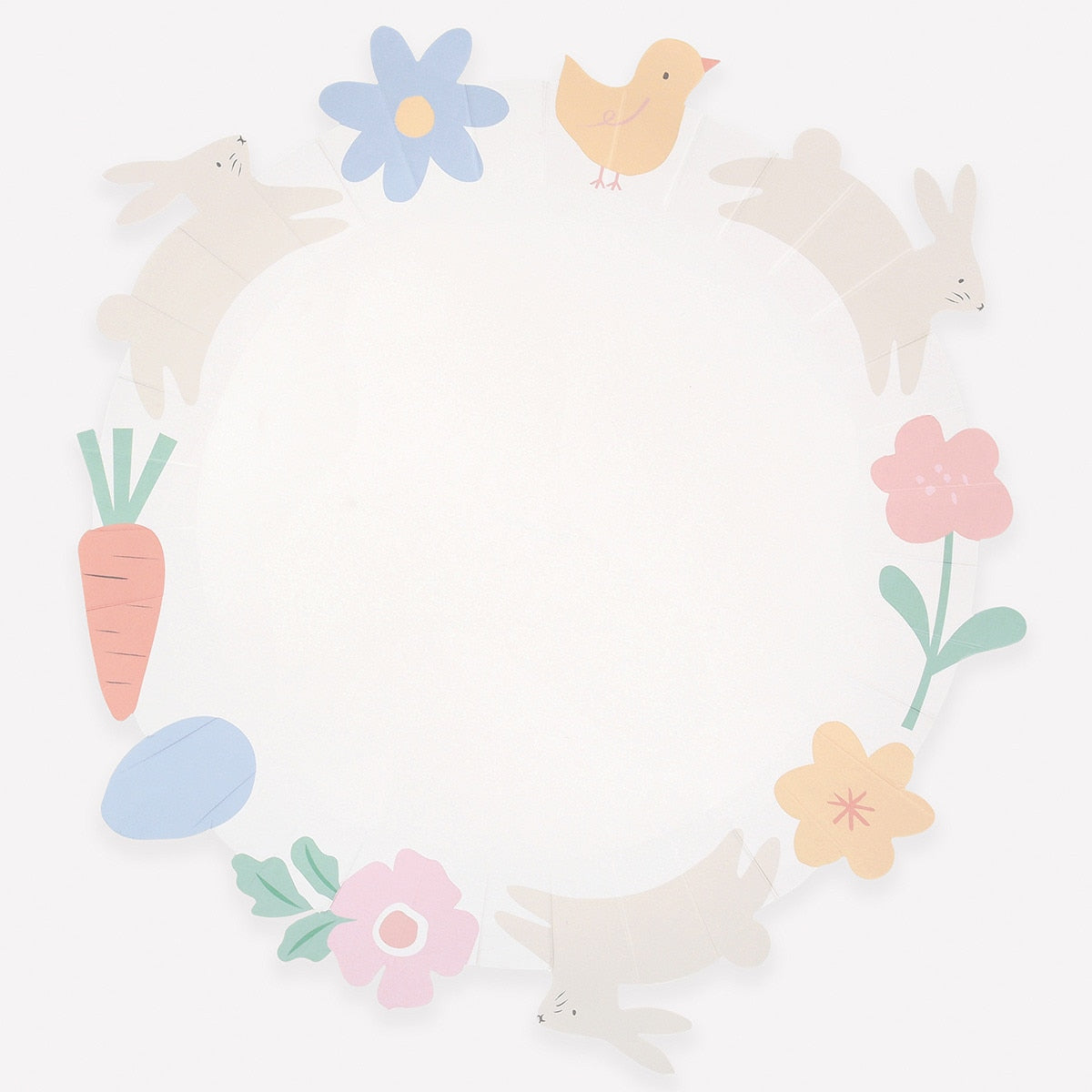 Pastel-colored Easter-themed paper plate including carrots, flowers, and chicks on a white background.