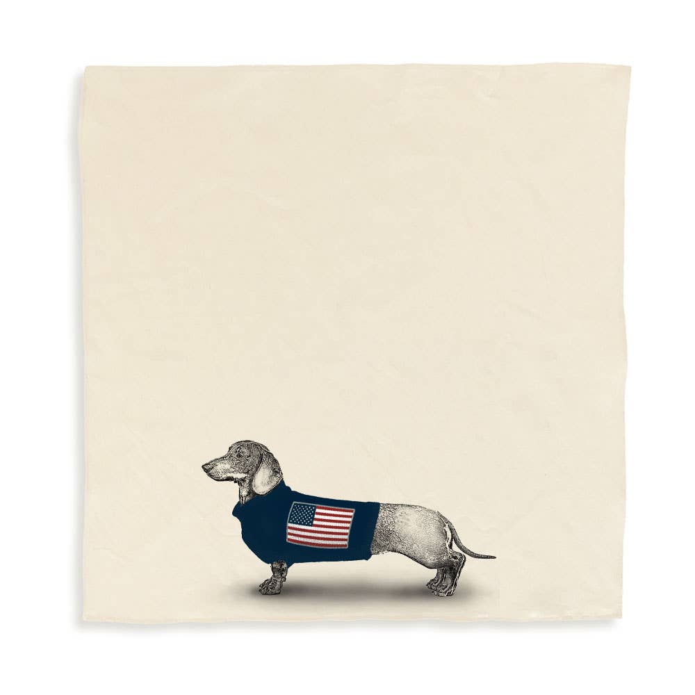 Illustration of a dachshund wearing a sweater with an American flag on a beige background.