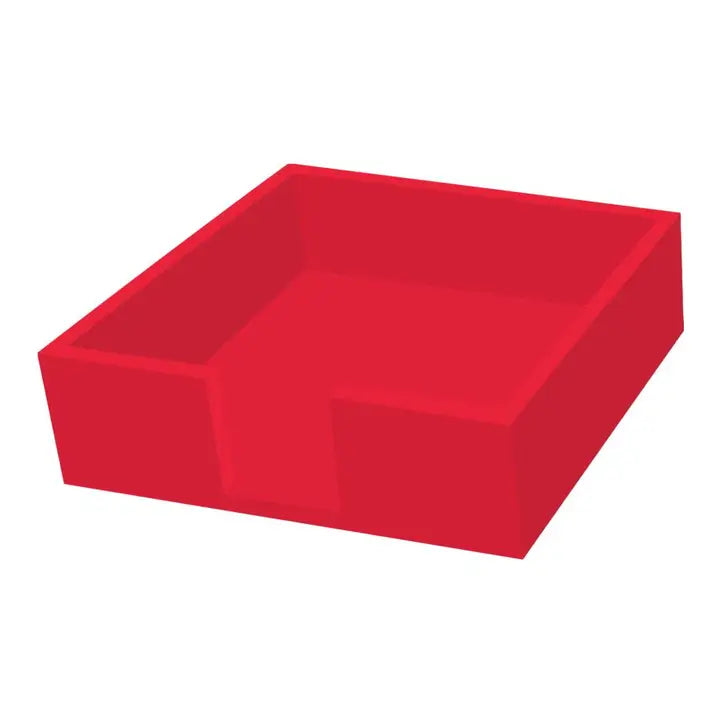 A bright red square napkin holder shown at an angle on a plain white background.