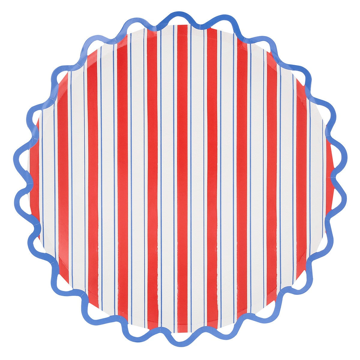 Decorative plate with red and white vertical stripes on a white background.