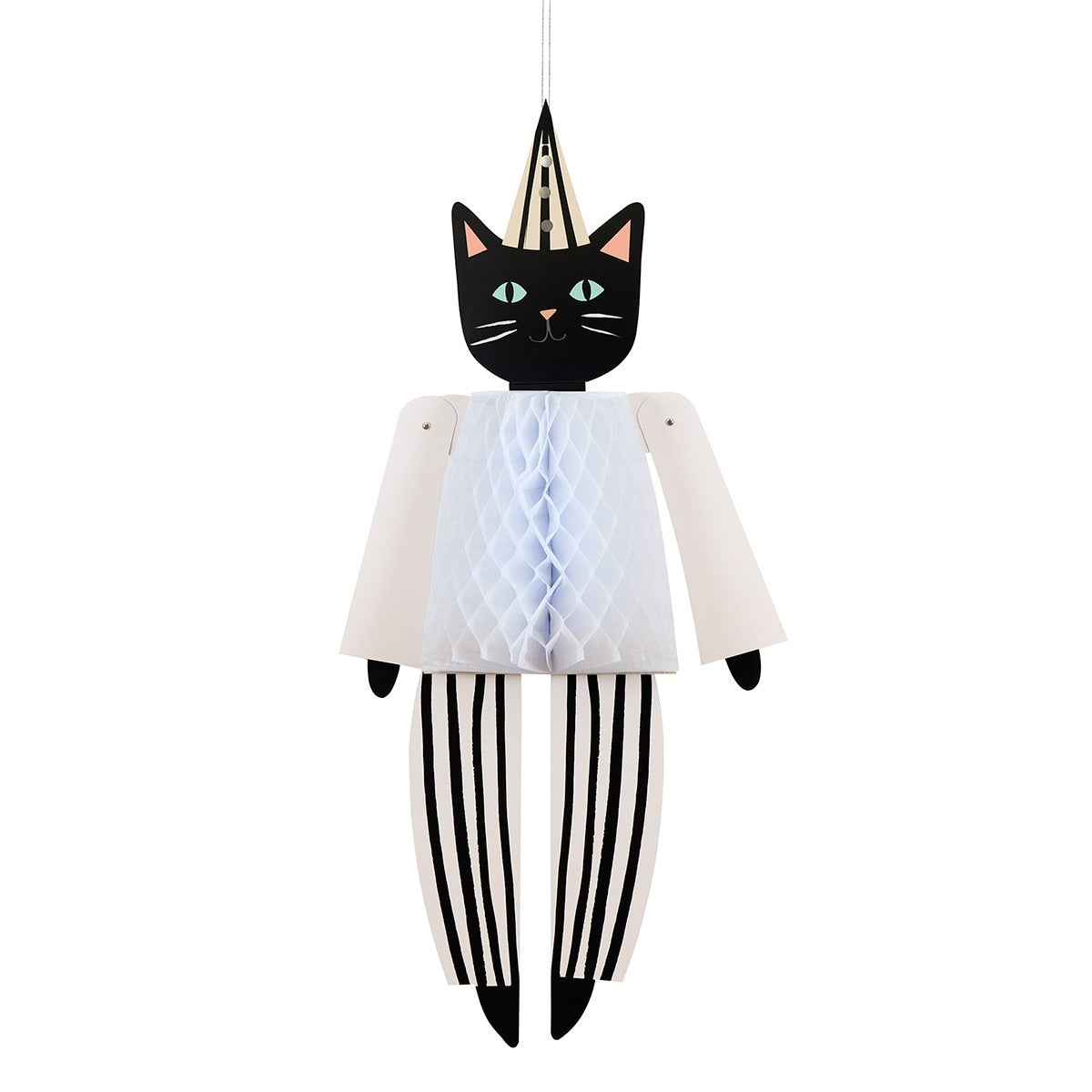 Decorative cat-shaped ornament with a white dress and black striped legs on a white background.