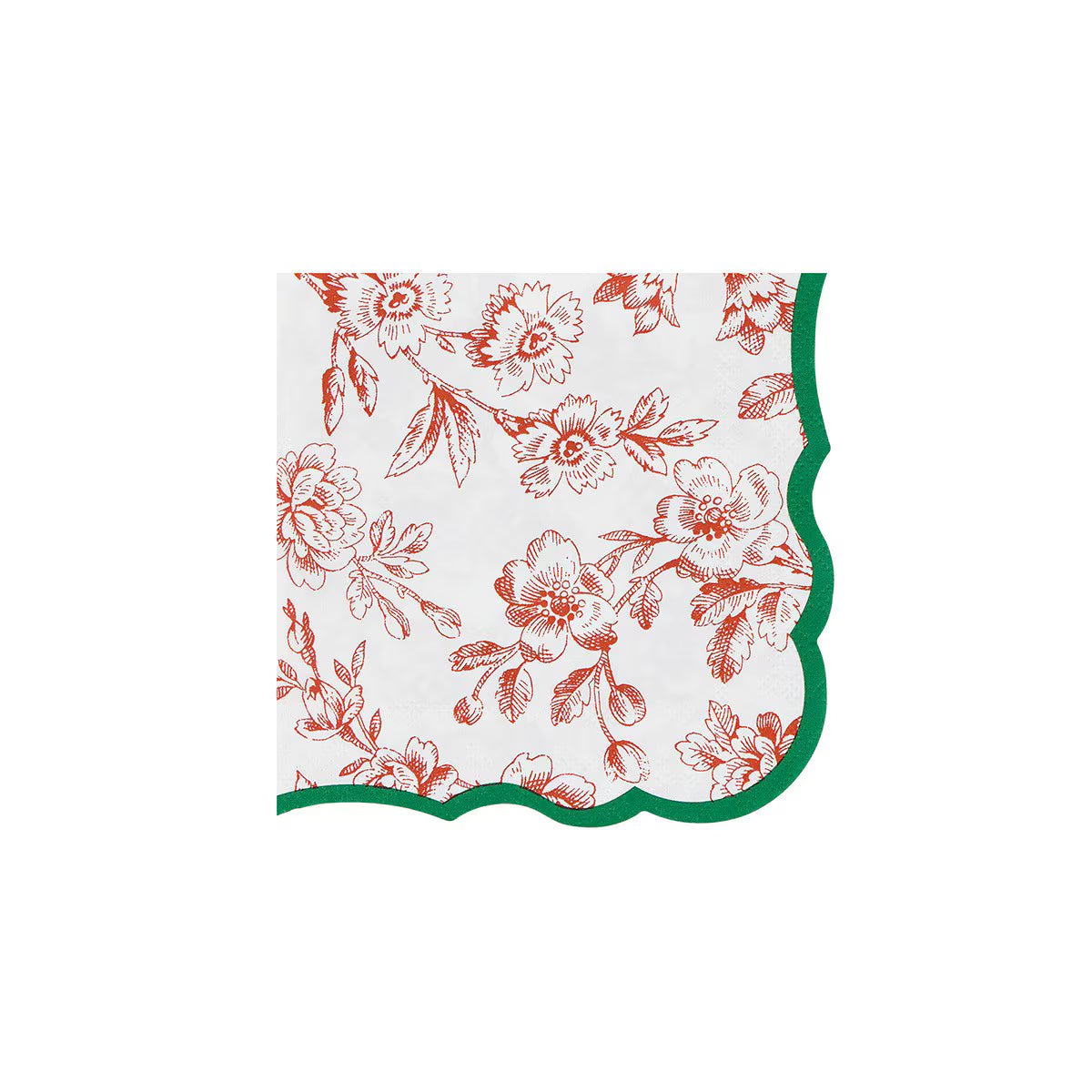 A square paper napkin with a white background, a red floral toile pattern, and a scalloped green border, shown on a plain white background.