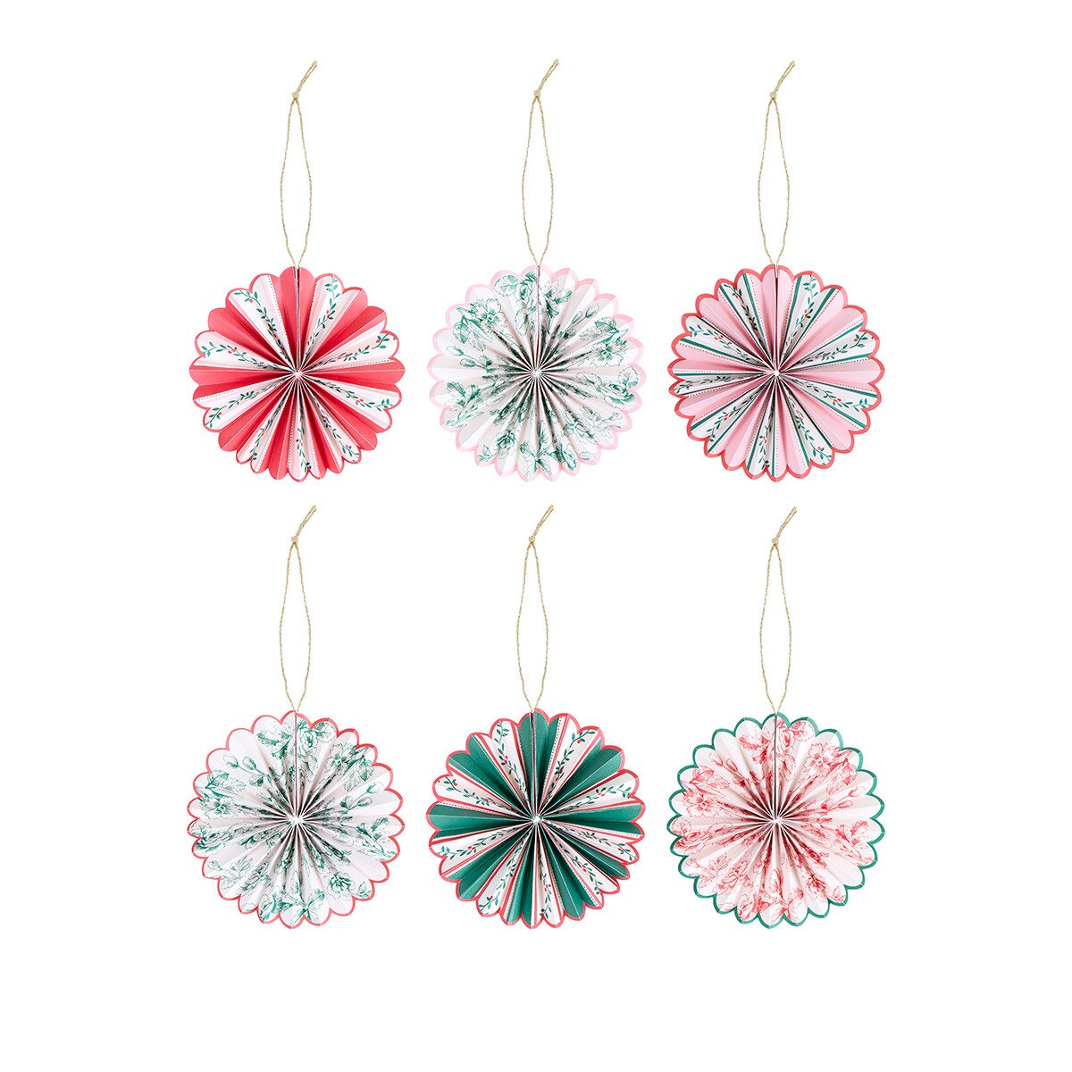 Six paper fan Christmas ornaments in red, pink, and green patterns, hanging from thin strings on a white background.