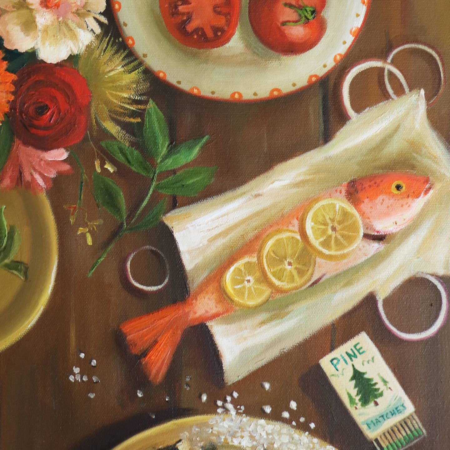 Artwork by Janet Hill depicting a table set with plates of summer food and a lobster and fish.