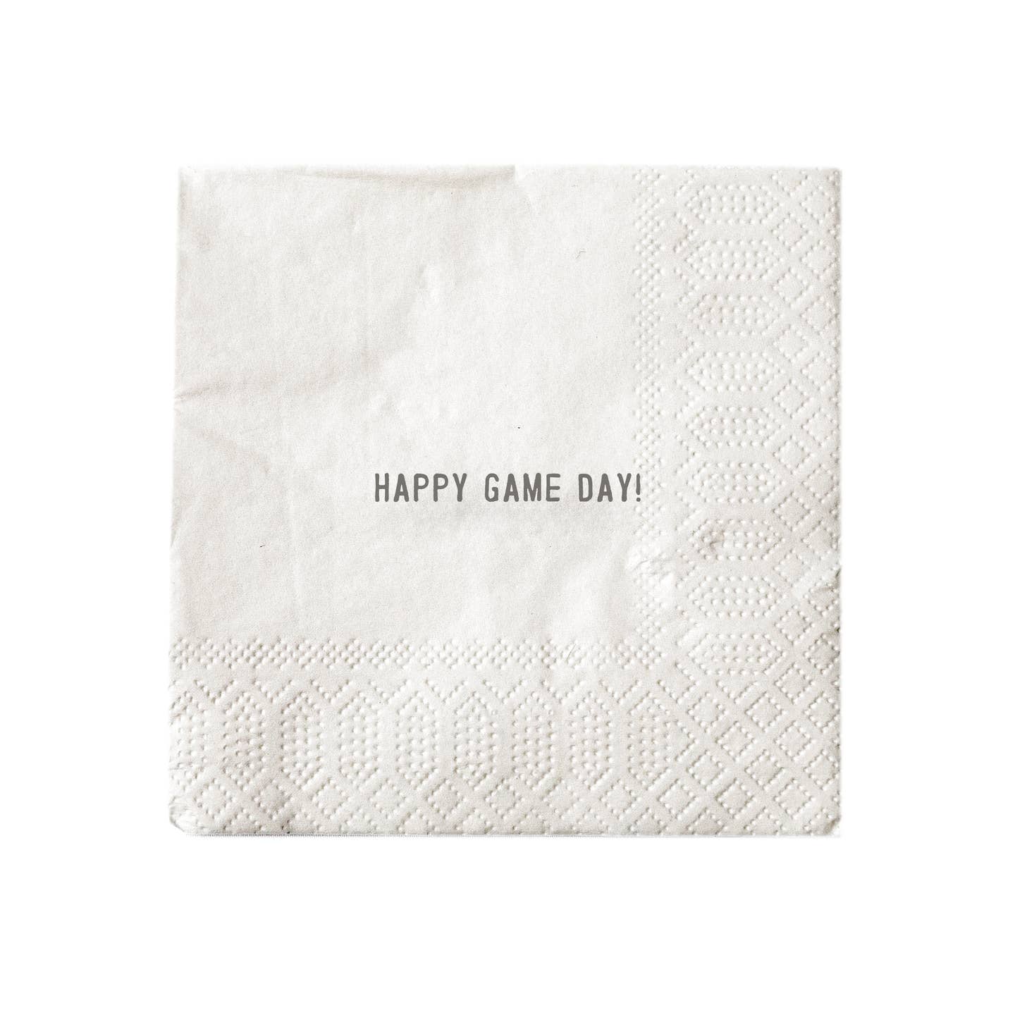 White cocktail napkin printed with "Happy Game Day!"