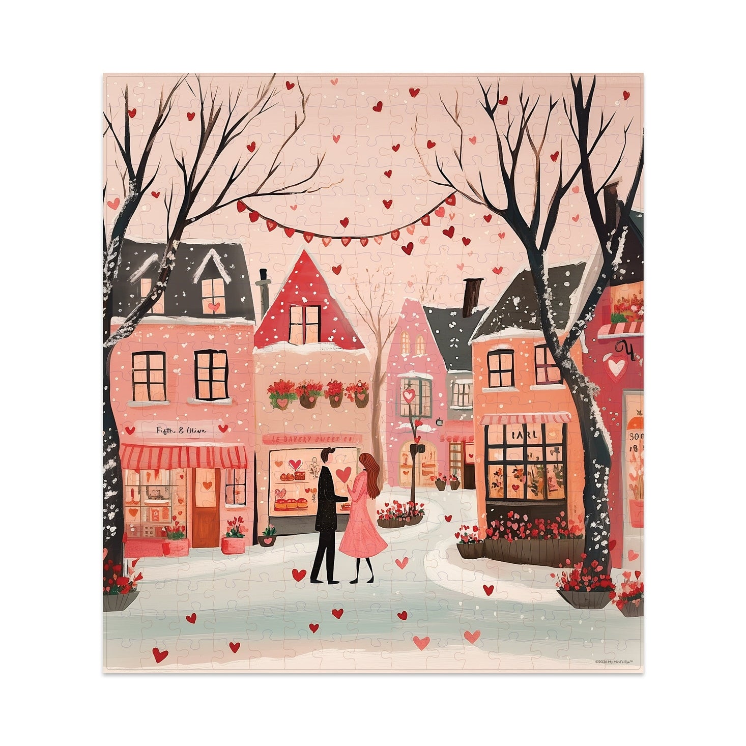 Illustration of a couple in love in a snowy village with heart-shaped decorations.