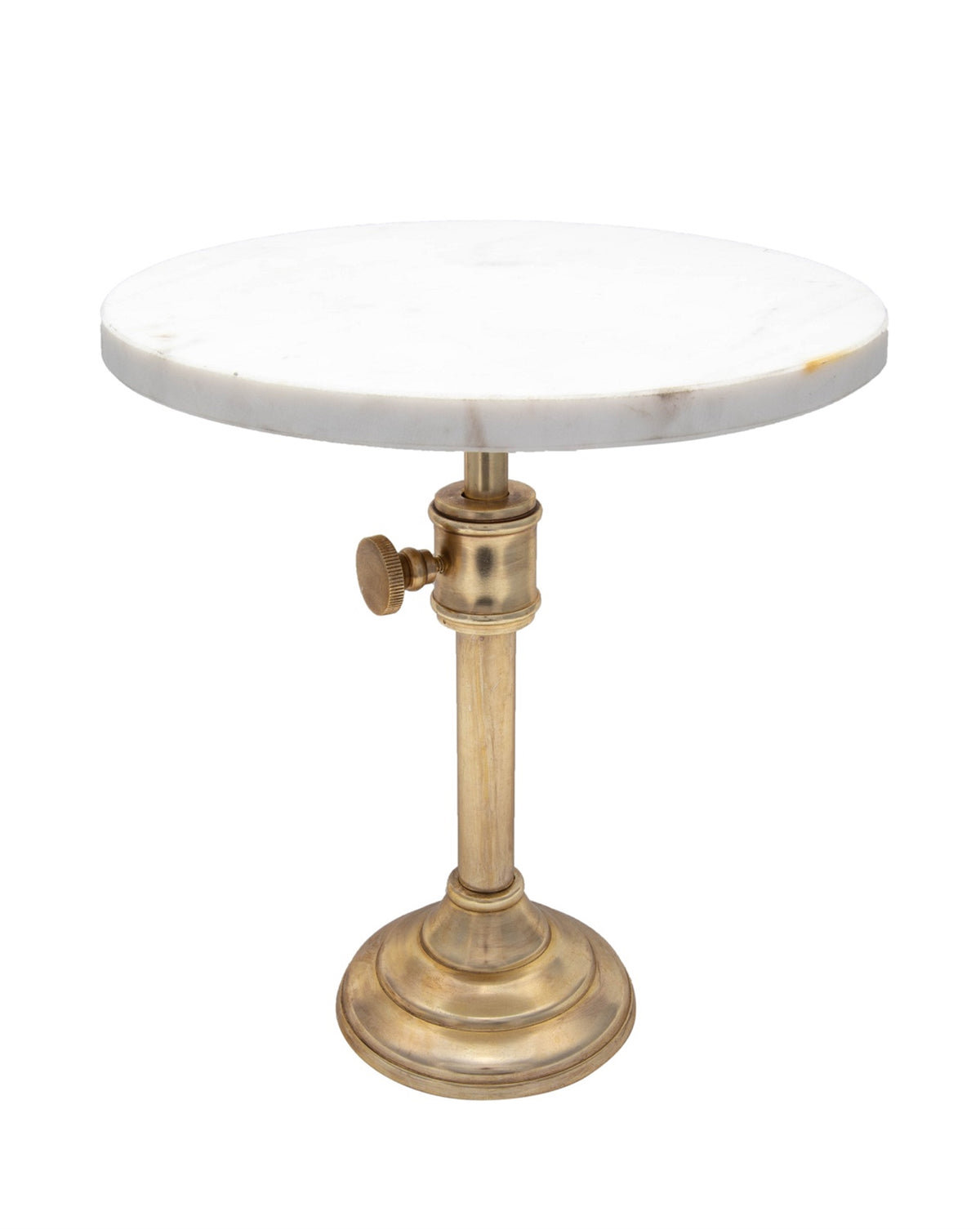 An adjustable cake plate with marble top on a white background.