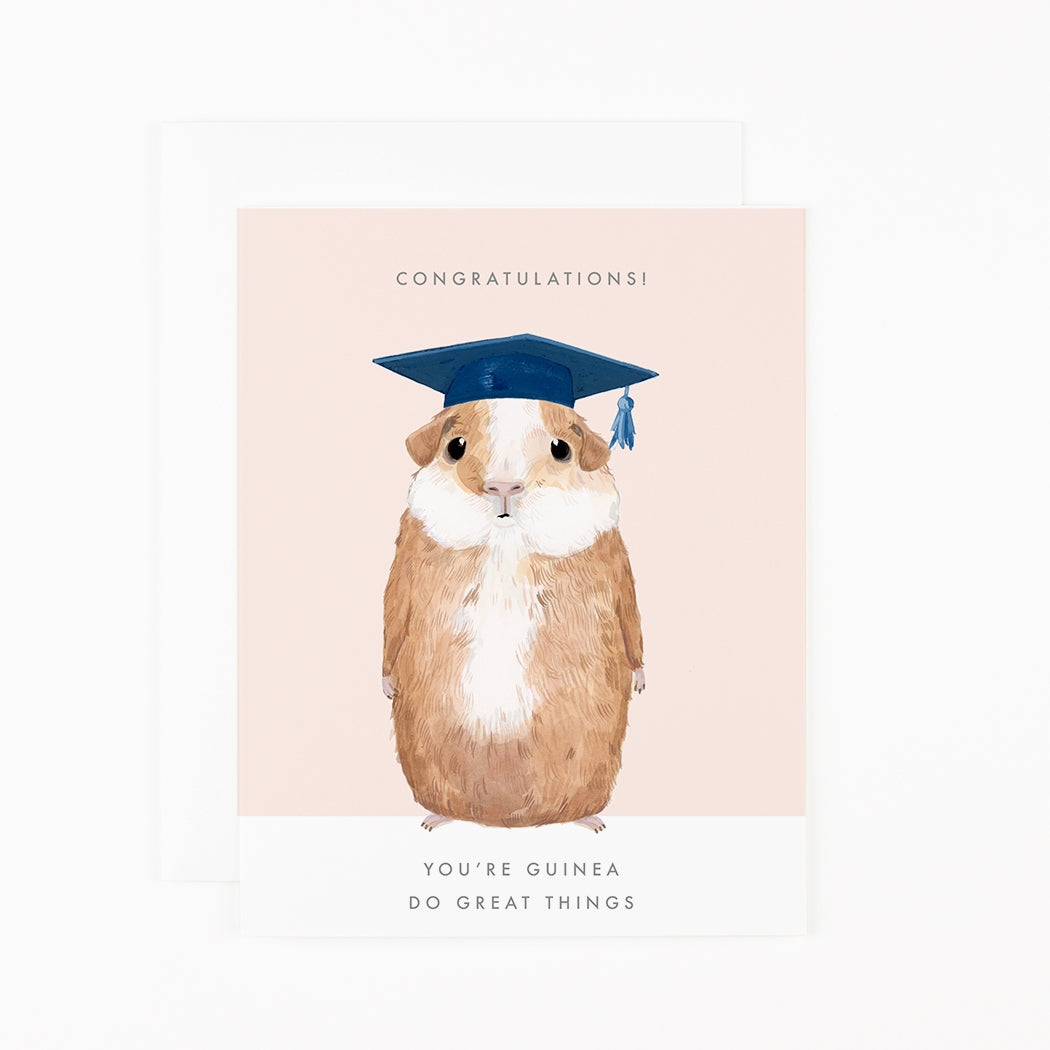 A hand-painted graduation card with a Guinea do Great Things guinea pig in a graduation cap by Dear Hancock.