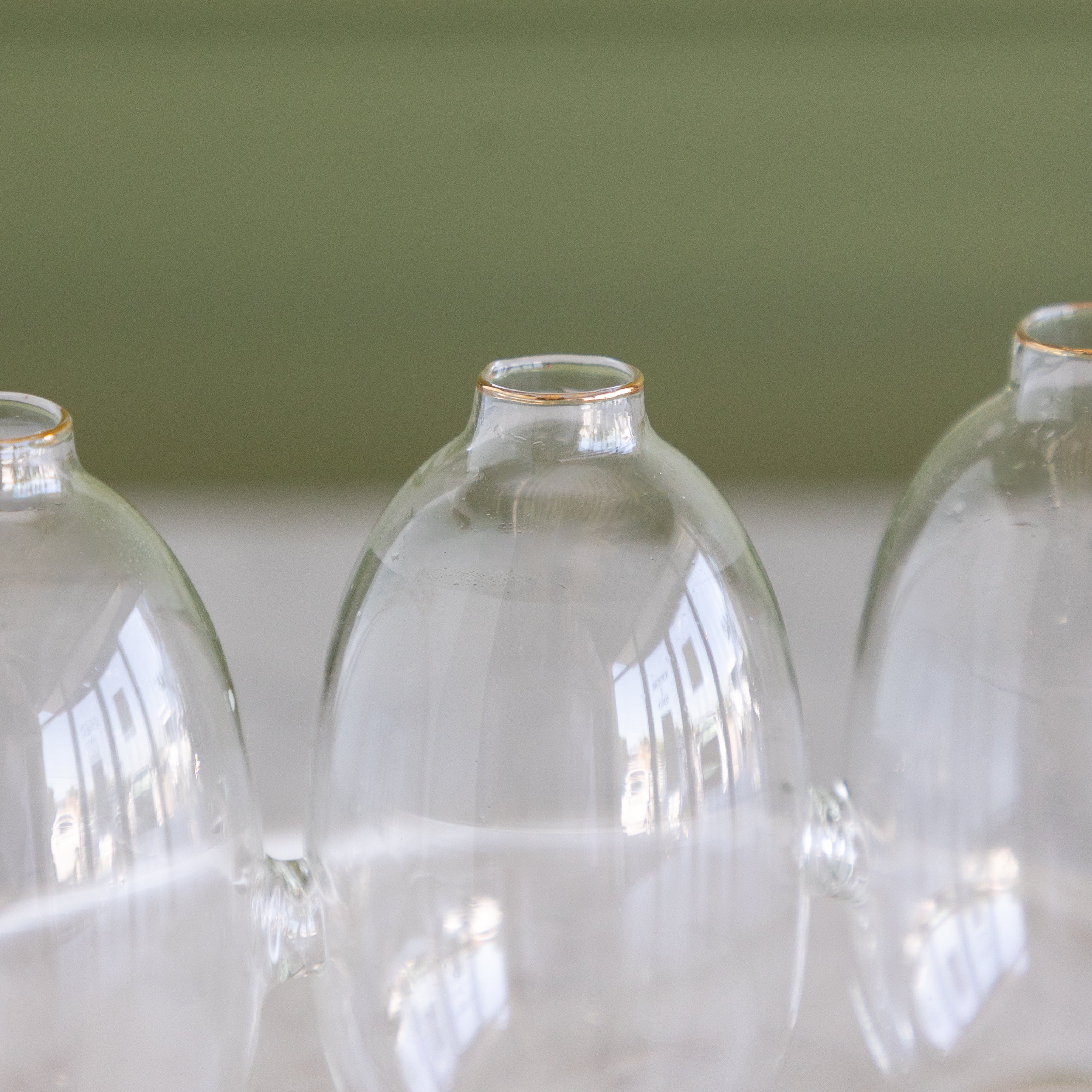 Three clear glass bud vases with small gold rims, arranged in a row against a soft green and white background.