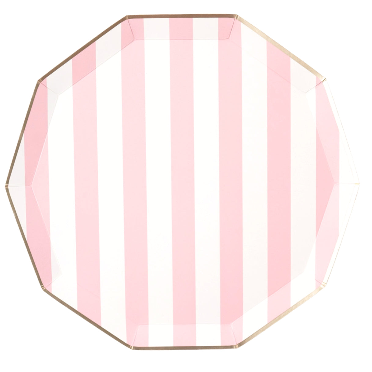 Octagonal paper plate with pink and white vertical stripes on a white background.