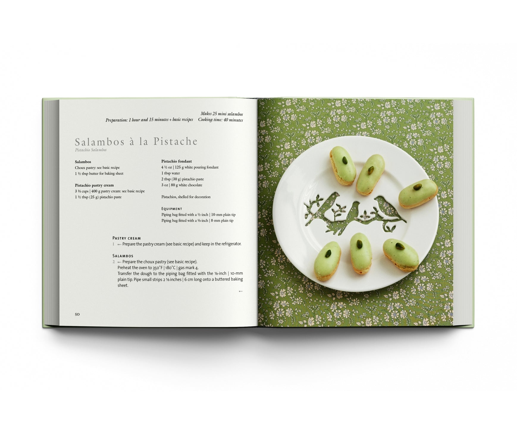 Inside page of the book featuring the recipe for Salambos à la Pistache.